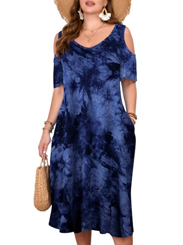 Image of LARACE Plus Size Women Dress for Summer, Midi Women's Sundress, Casual V-Neck Short Sleeve Flowy T-Shirt Dresses with Pockets