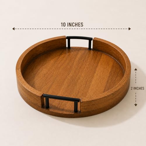 Image of D&G Homes Sheesham Wood Round Serving Tray | Premium Handcrafted Wooden Tray for Home, Kitchen, Dining Table, Restaurant, Office Organizer| Indian Craftsmanship