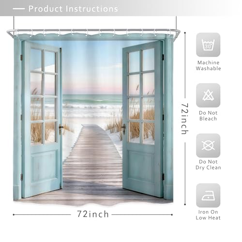Image of Riyidecor Summer Beach Ocean Shower Curtain 72Wx72H Inch Coastal Blue Sea Teal Barn Door Rustic Seaside Hawaiian Scenery Country Path Bathroom Decor Fabric Polyester Waterproof 12 Pack Hooks
