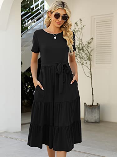 Image of Lyrur Women's Dresses Casual Summer Tiered Midi Dress Short Sleeve Belted Ruffle Babydoll Boho Sundress with Pockets