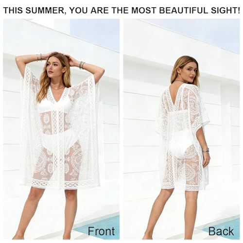 DiULi BikiniCover Up, Damen Strandkleid V- Ausschnitt Beachwear, Sommer Spitze Bikini Cover Up, Transparent Häkel- Strandkleid für Urlaub, Pool, Strand und Party, Weiß-6