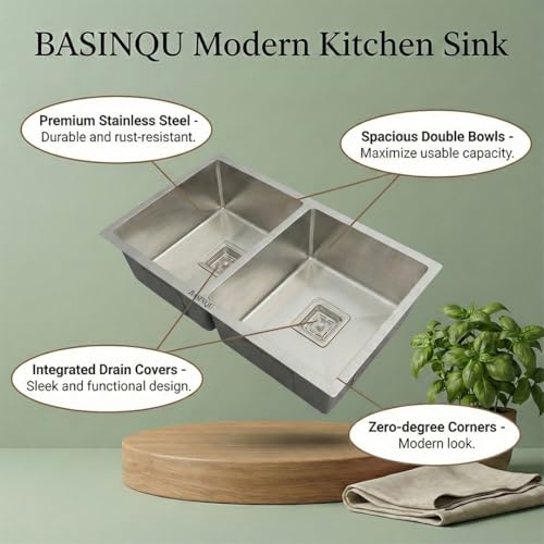 Image of BASINQU Kitchen Sink 45x20x10 Inch Handmade Double Bowl Sink for Kitchen Basin 304 Grade Stainless Steel Brushed Matte Finish Including Coupling Fruit Tray Hose Pipe Kitchen Sinks