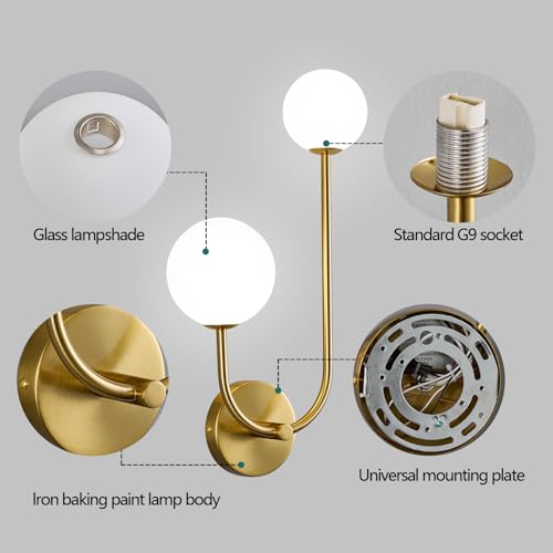 Image of Milk Glass Wall Sconce Gold Wall Sconces Set of Two Mid Century Modern Sconces Wall Lighting 2 Light Globe Sconce for Bedroom Living Room Hallway Wall Light Fixtures