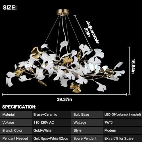 Image of Modern Tree Branch Chandelier for Dining Room, L39inch Ginkgo Leaf Chandeliers Brass Rectangle Chandelier Large Luxury Hanging Lights Fixture for Living Room Kitchen Island, 5-Light
