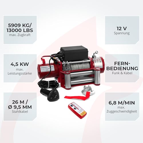 Electric Winch 12V with Radio Remote Control - 5909 kg 13000 lbs, 6 HP Power Offroad 4x4 Motor Winch Pulley Forst Cable with Steel Cable, Red