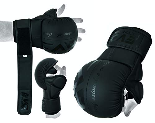 EVO Fitness Gants d'entraînement en cuir noir mat pour arts martiaux, Muay Thai, kickboxing, grappling, UFC, combat, sparring (noir mat, taille L) Cover
