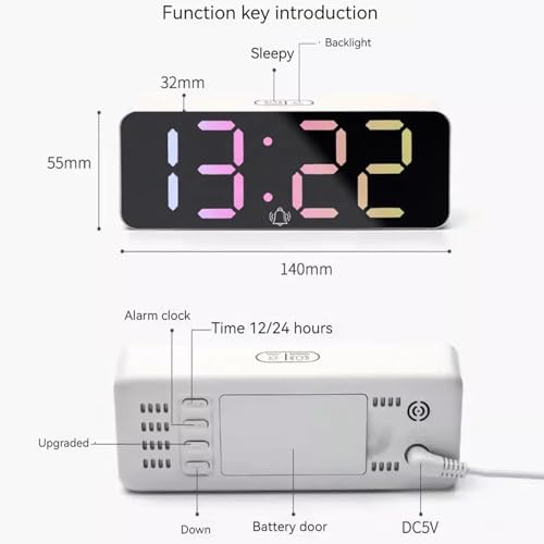 Image of Digital RGB LED Alarm Clock Large Display USB Rechargeable Temperature Snooze Timing Dimmer Function Innovative Multi Colorful Numeric Numbers Table Top Alarm Clock (1-pcs)