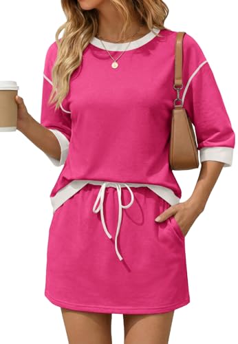 Image of Tankaneo Womens 2 Piece Skirt Sets 3 /4 Sleeve Sweatshirt Lounge Sets | Skort Sets, Color Block, Summer Casual, Matching Sets, Trendy Outfits