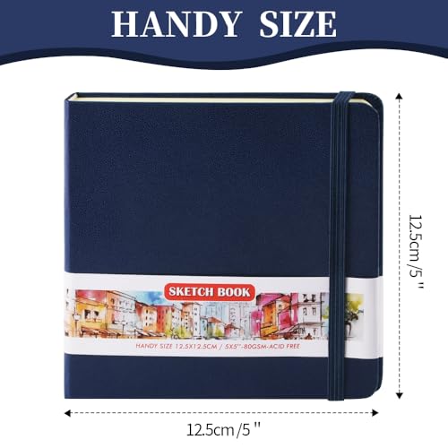 Image of 5x5 Pocket Sketch Book,80gsm Hardcover Art Sketchbook for Drawing Journal | PU Cover,Blank Paper,96Sheets /192Pages,Lay-Flat,Portable Travel Creation Paint Diary Memo Planner,Dry Media.Royal Blue
