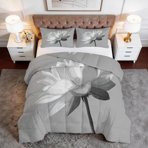 Genérico Edredon Nordico Cama 105 Flores de Loto Edredón Adulto sin Funda Reversible Gris Estampado Suave Ligero Transpirable Duvet 180x220 cm Incluye 2 Fundas de Almohada 50x75 cm YUe1917