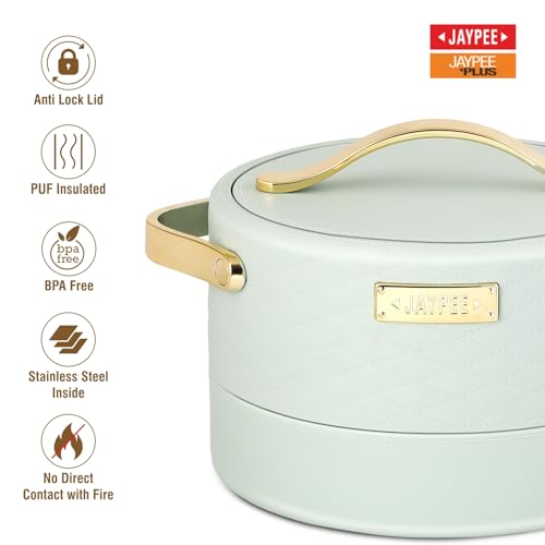 Image of JAYPEE Luxura Inner Stainless Steel Serving Casserole Set of 3 Elegance Unique Design PU Insulated 100% Food Grade with Lockable Lid, Chrome Plated Handle Hot Case |1500, 2000, 2500 ml, Green