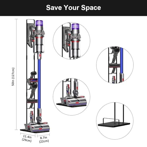 Foho Stand Compatible for Dyson Gen5 V15 V12 V11 V10 V8 V7 V6 Cordless Vacuum Cleaners, Stable Metal No-Drill Wall Floor-Standing Storage Bracket Holder Multi-Accessory Organiser with Casters