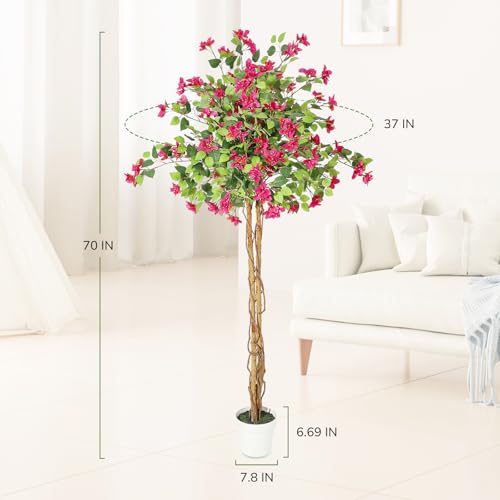 GarveeHome 6FT Artificial Bougainvillea Tree, Tall Potted Fake Tree Indoor, Faux Tree with Wood Trunk and Pink Flowers for Outdoor