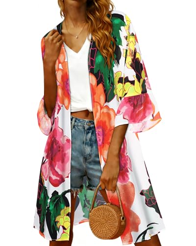 Image of Womens Kimono Summer Puff Sleeve Cardigan Casual Beach Cover Ups Swimwear
