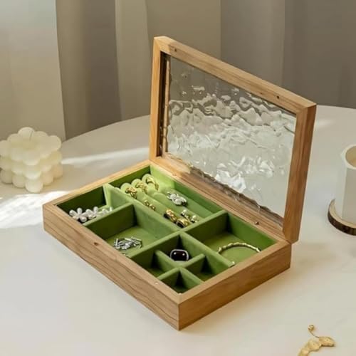 木製ジュエリーボックス 小物収納に最適 1 段式ガラス窓付き 大容量仕切り調整可能 おしゃれウッドケース 指輪/ピアス/時計/メガネまで幅広く収納
