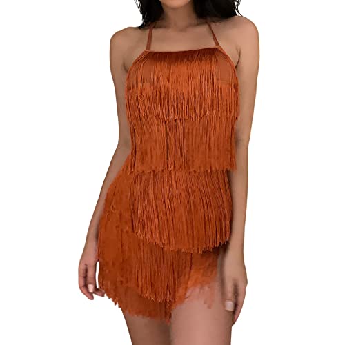Tobysper Vestido de mujer sexy sin espalda con flecos, vestido de fiesta, mono corto, marrón, M