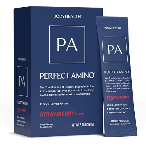 Image of BodyHealth PerfectAmino Powder - BCAA and EAA Powder for Pre and Post Workout - Amino Acid Energy Drink for Men and Women to Support Lean Muscle and Recovery - Strawberry - Stick Packs - 15 Servings