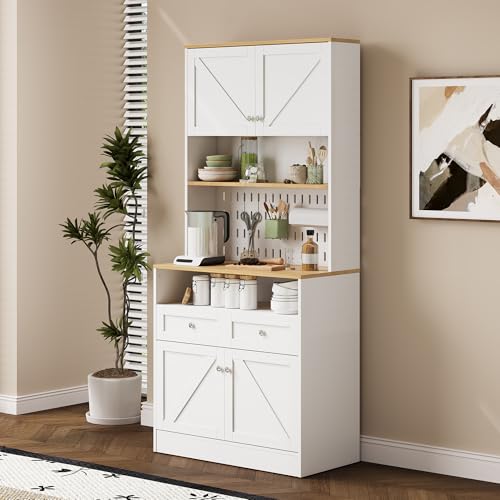Soweiz Aparador de comedor blanco con 2 cajones y 4 puertas – Buffet para cocina, comedor y salón con asas plateadas y amplio espacio de almacenamiento, 80 x 40 x 175 cm (largo x ancho x alto)