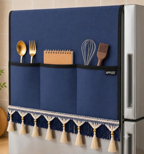 Image of Premium Single & Double Door Refrigerator Cover with Tassel Lace & 6 Side Pockets, Waterproof Dustproof Washable Polyester Fridge Cover, Fridge Top Protector for Kitchen, 130 x 54 cm, (Blue)