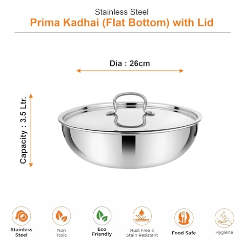 Image of Prabha Stainless Steel Prima Tasla with Flat Bottom, Included Lid, Tasla, 26cm, 3.5 L Capacity, Perfect for Kitchen Need, Induction and Gas Stove Compatible