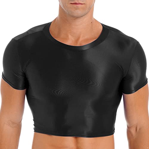 FEESHOW Men's Glossy Short Sleeve Muscle Half Tank Top Sport T-Shirts Workout Sexy Crop Tops