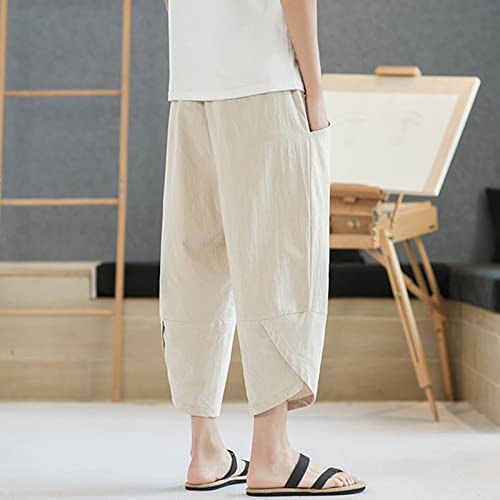 Capri Cargo Pants for Men Drawstring Linen Pants Elastic Waist Casual Loose Summer Beach Pants3
