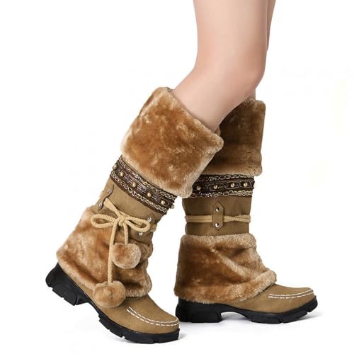 SACFOF Mid Calf Boots for Women,Winter Lace Up Pompoms Platform Anti-Slip Furry Snow Boots Fur Lined Keep Warm Knight Boots4
