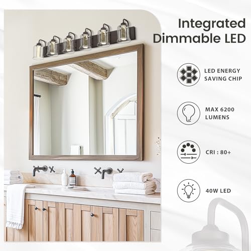 Image of zeyu 40W 6 Light Bathroom Light Fixtures, 44 Inch LED Vanity Wall Light with 5 Color Modes, Oil Rubbed Bronze Finish with Crystal Bubble and Clear Glass, ZSL72B-6W LED ORB