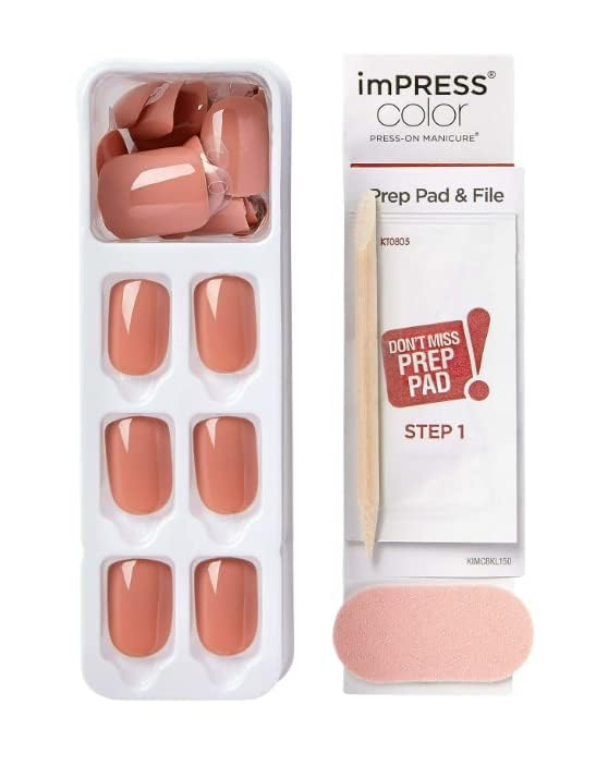 Miniatura 4 de KISS Impress Color 30 uñas neutras de color sólido, tiras adhesivas, almohadilla de preparación, mini lima y barra de manicura (caramelo #85670)