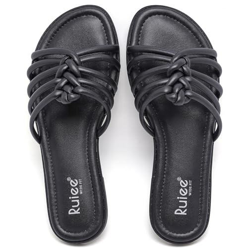 Image of Ruiee Wide Width Sandals for Women, Summer Flat Slides Casual Braided Wide Feet Sandal Comfort Slip on Sandals Open Toe Beach Shoes for Women.