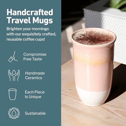 Image of NOVA CERAMICS Travel Mug On the Go Coffee Mug Microwave & Dishwasher Safe Green Tumbler - Gifts For Women Men 16oz Afterglow