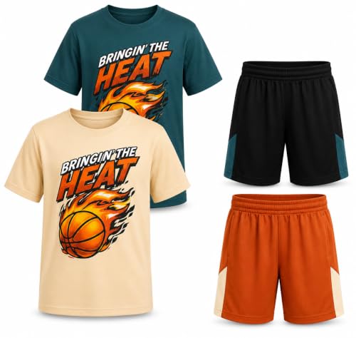 Image of Pro Athlete Boys Shorts Sets - 4 Piece Dry Fit Short Sleeve Crewneck Graphic Tee and Performance Shorts for Boys (Sizes 8-16)
