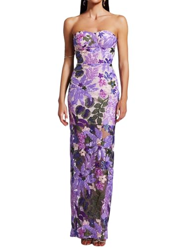 BELLA BARNETT Purple Printed Floral Romantic Tube Sleeveless Sequin Dress Charming Stunning Maxi Birthday Bodycon Dress