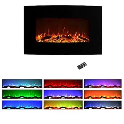 NORTHWEST 36-Inch Wall Mounted Electric Fireplace - Curved Glass Heater with Removable Stand, Adjustable Heat, and 10 Flame Colors (Black)