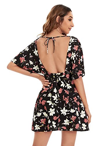 Image of Floerns Women's Tropical Floral Plunging V Neck Tie Open Back Summer Short Dress