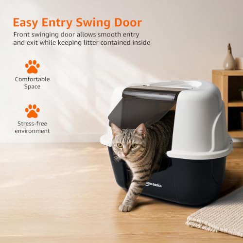 Image of Amazon Basics No-Mess Enclosed Cat Litter Box | Large Covered Litter Tray with Privacy Hood | Easy Clean Cat Washroom for Indoor Cats | White + Black | 44 X 50 X 60 cm