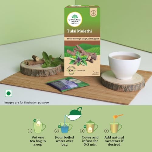A TATA Product - Organic India Tulsi Mulethi - 25 Tea Bags, Rich in Antioxidants, Eases Cough & Cold Symptoms, Stress Relieving, Boosts Immunity, Caffeine-Free, Whole Herbs Certified Organic