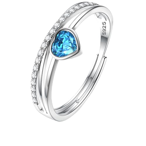 JeweBella Bague Argent 925 Femme Réglable Bagues Pierre de Naissance Coeur Bague Zirconium Couple Fiançailles Alliance Femme Bijoux Cadeau pour Anniversaire