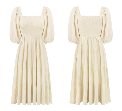 Image of R.Vivimos Women's Summer Cotton Lantern Sleeves Ruffled Off Shoulder A-Line Midi Dresses