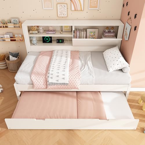 Shye Sofá cama individual 90 × 190 cm con cama nido de 90 × 190 cm, marco blanco con espacio de almacenamiento, compartimento abierto, espacio de almacenamiento oculto, base de carga USB/USB‑C, somier