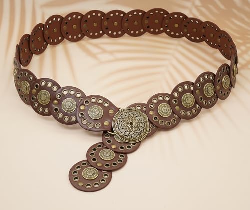 Wide Disc Belt for Women Disk Concho Belts Western Leather Belt Boho Waist Belt for Dress4