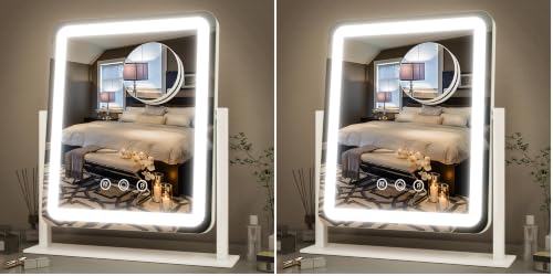 Image of FENNIO Vanity Mirror with Lights - 15 inchx12.6 inch LED Lighted Makeup Mirror, Large Makeup Mirror with Lights, Touch Screen with 3-Color Lighting, Dimmable, for Vanity Desk Tabletop, Bedroom (Pack of 2)