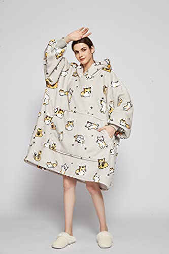 iyoimono Hoodie Decke für Damen Flanell Fleece Pullover Sweatshirt Decke Flauschige Sherpa TV-Decke mit Ärmeln Übergroße Kapuzen Pullover Kuscheldecke Einheitsgröße(Graue Katze)