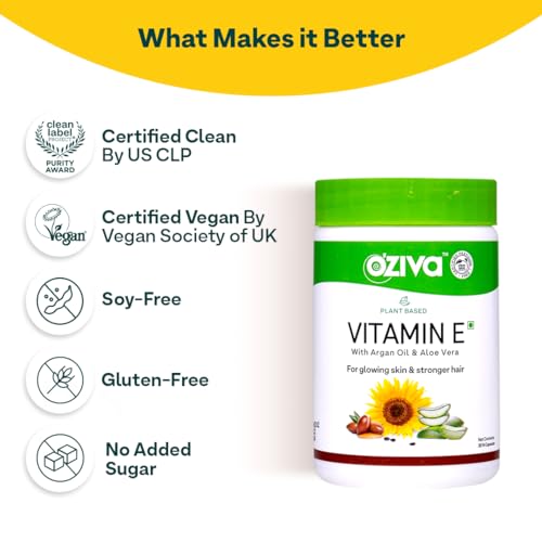 OZiva Plant Based Natural Vitamin E Capsules for Face & Hair with Sunflower oil, Aloe vera oil ,Argan oil, Vegan &Natural Vitamin E for Glowing Skin & Stronger Hair (Vitamin E,... - Image 5