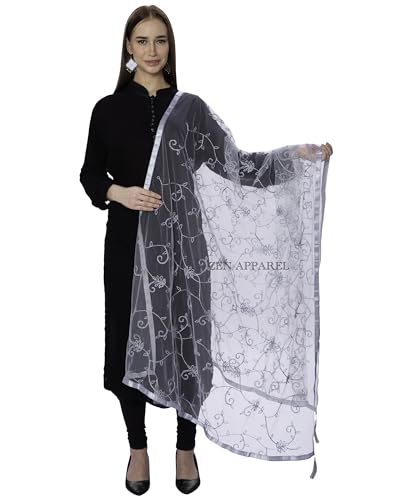 Image of ZEN APPAREL Women's Embroidered Net Dupatta with Lace Borders (Z-101) Premium Net Fabric Golden Aari Work