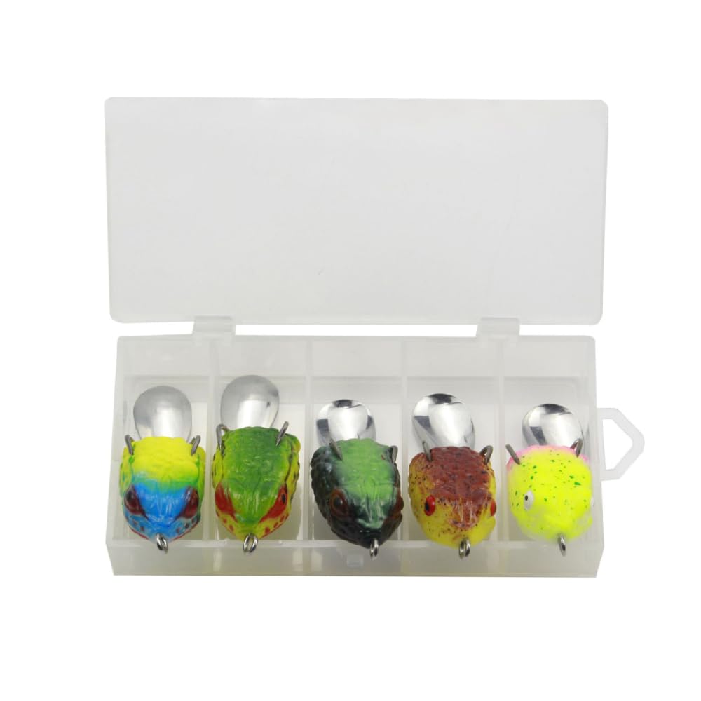 BDKMMS Frog Lure Kit, 5Pcs 3.7×1.8Inch Silicone Topwater Fishing Lures with Barbed Double Hooks, Lightweight Frog Baits for Freshwater Saltwater