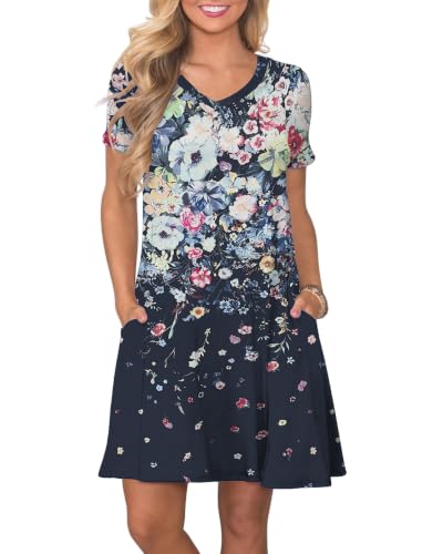Image of COSSEN Women's Casual T Shirt Dress V-Neck Short Sleeves Swing Dresses Birthday Party Summer Travel Beach with Pocket