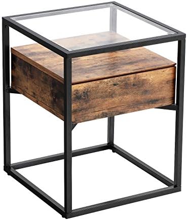VASAGLE Tempered Glass Side Table, Nightstand, with Drawer and Shelf, Decoration in Living Room, Stable Steel Frame, Industrial, Rustic Brown, 16.9”L x 16.9”W x 21.3”H (43 x 43 x 54 cm)