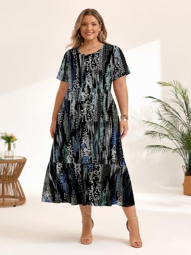 Image of LARACE Plus Size Dresses for Women Summer Maxi Casual Dress with Pockets | plus size summer dresses women, soft rayon, flowy maxi, short sleeve, pockets, flattering & covers belly, beach wear, L-6XL