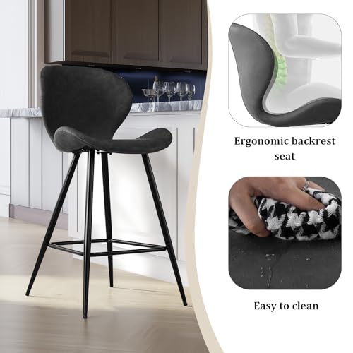Conjunto de 2 Butacos KithKasa Altura de Barra con Respaldo, Estilo Moderno de Medio Siglo, Cuero PU Gris, 26" Taburetes para Isla de Cocina con Patas de Metal miniatura 3